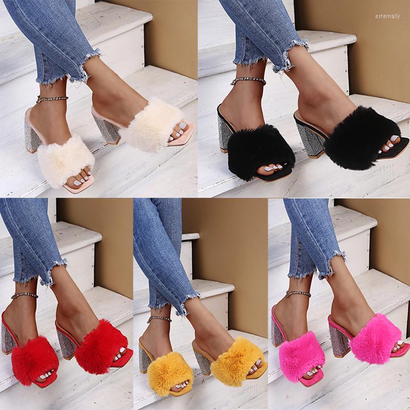 

Dress Shoes Fashion High-heeled Slippers Women's Thick Heel Plus Size Rhinestone Square Mao Sandals And, Pink