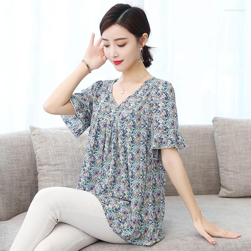 

Women's Blouses Women's Spring Summer Style Chiffon Blouse Shirt V-Neck Short Sleeve Printed Elegant Casual Tops SP1052, Green