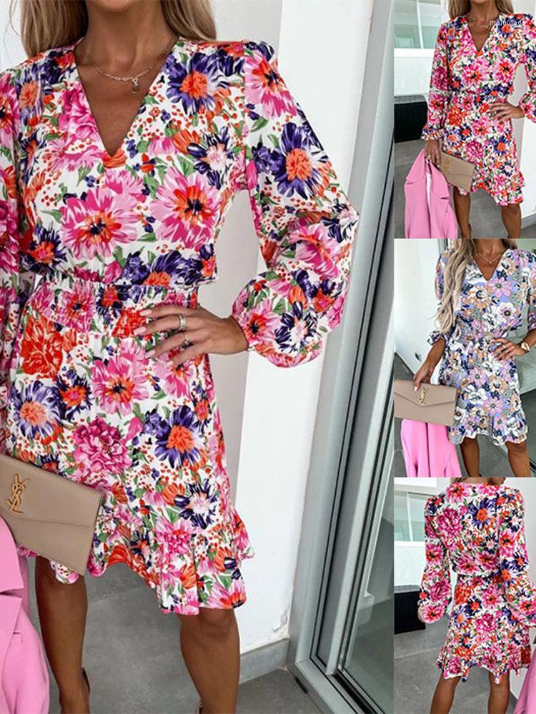 

Casual Dresses Sexy V Neck Long Lantern Sleeve Tunic Elastic Waist Floral Print Mini Dress Summer Women Boho Party Vestidos HY-W230106, Pink