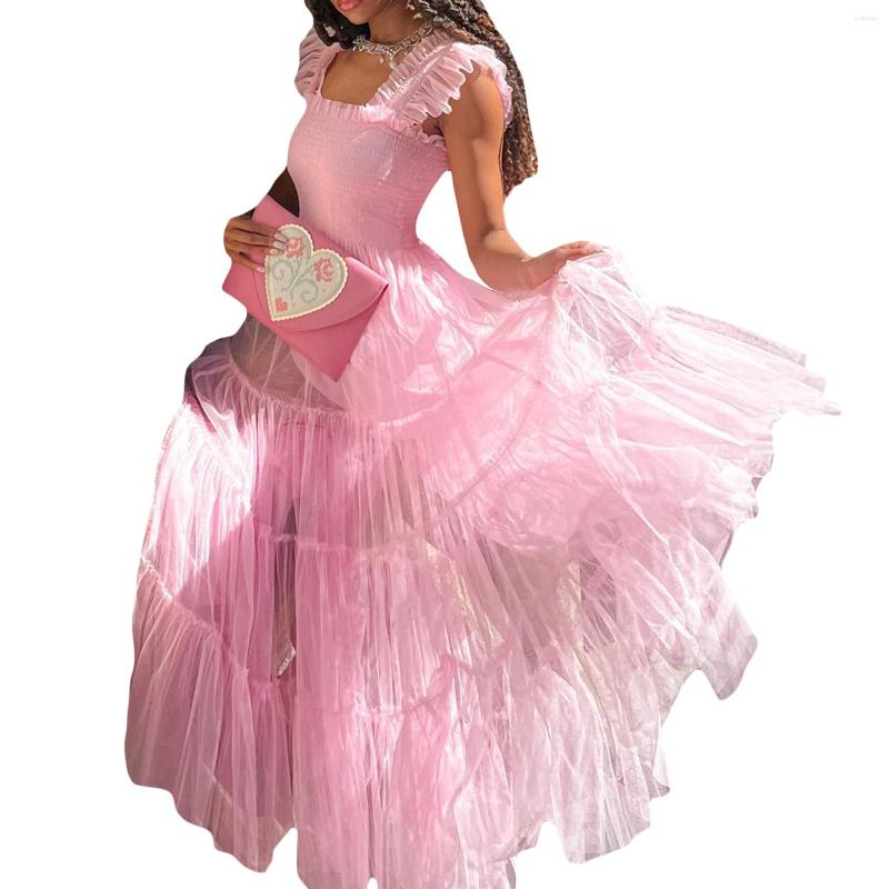 

Casual Dresses Women' Summer Long Dress Puffy Sleeve Frill Shirred Solid Color Tulle Ball Gown, Pink