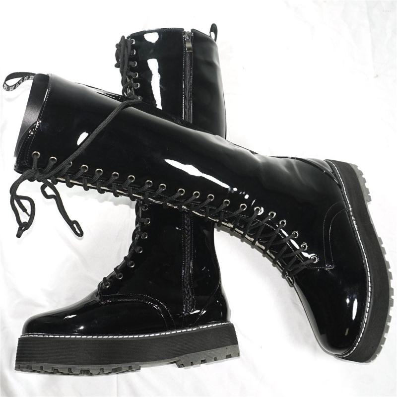 

Boots Winter Punk Creepers Women Lace Up Patent Leather Knee High Motorcycle Female Round Toe Chunky Platform Pumps Casual Shoes, Black