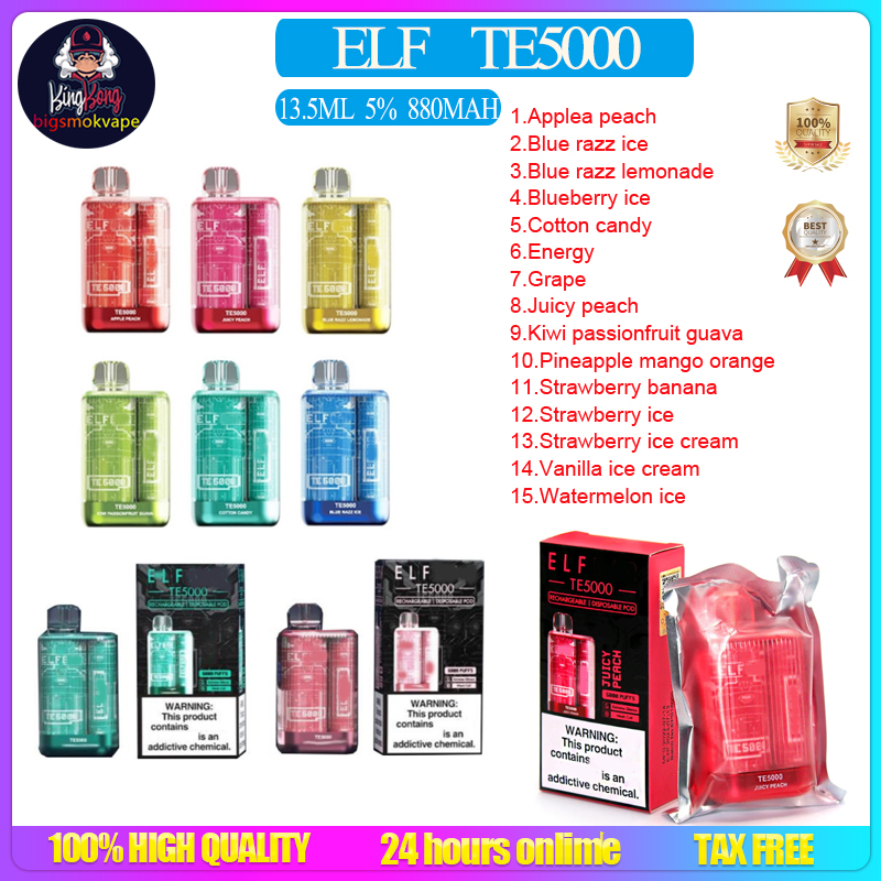 

ELf TE5000 Disposable E cigarettes 5000 Puffs Vape Pen 13.5ml Prefilled Mesh Coil Pods Cartridge 880mAh Rechargeable Battery Vaporizer esco bar mega aroma king
