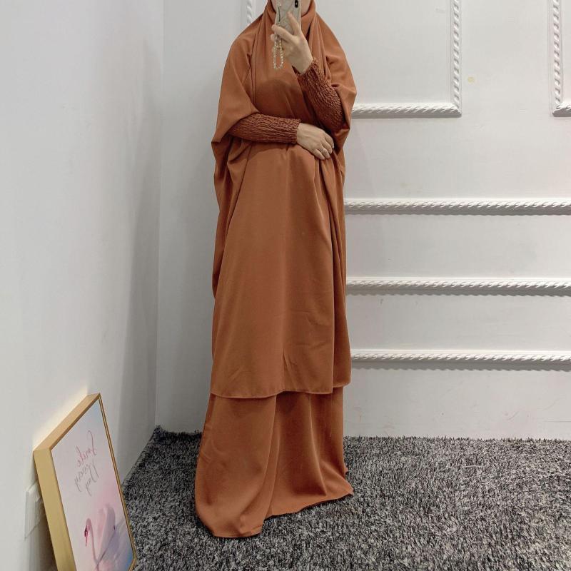 

Ethnic Clothing Muslim Macthing Outfit Dress Abaya 2pcs Set Women Plain Nida Jilbab Khimar Shirred Curff Long Skirt Prayer Niqab Dubai Islam