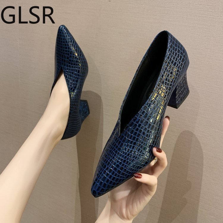 

Dress Shoes Pointy Vneck Patentleather Single Women Shoes High Heels Spring Versatile Retro Chunky Single Shoes Zapatos De Mujer Black 230413, Blue 2