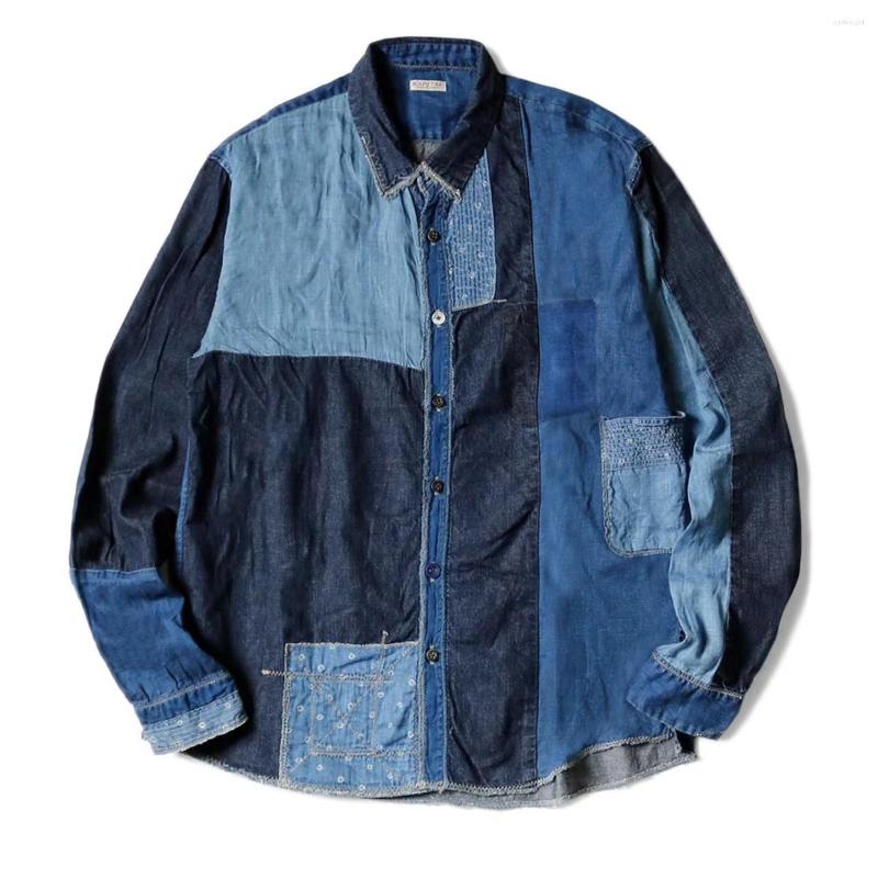 

Men's Casual Shirts 23SS KAPITAL Hirata And Hiroshi Japan Style Arrival Denim Wash Print Patchwork Old Long-sleeved Loose Shirt For Men, Blue