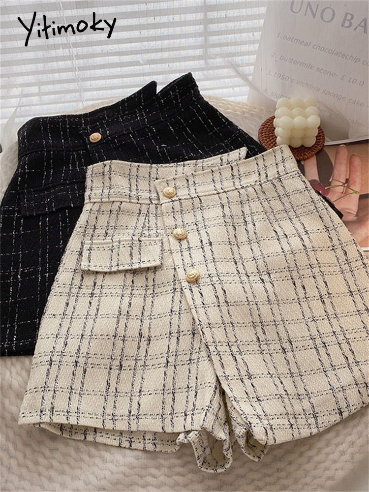 

Skirts Yitimoky Skirts Shorts Plaid Chic Elegant Office Ladies High Waisted Shorts Vintage Fashion Autumn Button Skirts Shorts 230413, Black