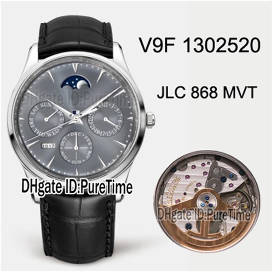 

V9F Master Ultra Thin Perpetual Calendar 1302520 JLC 868 Automatic Mens Watch Steel Case Gray Dial Moon Phase Leather Edition261E, Custom enhanced waterproof