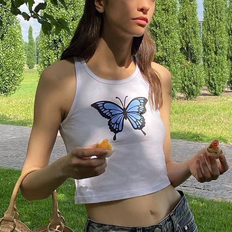 

Women' Tanks & Camis Butterfly Print Crop Tops Women 2023 Summer Graphic Sleeveless O-neck Streetwear Casual Tees Cropped Feminino, White
