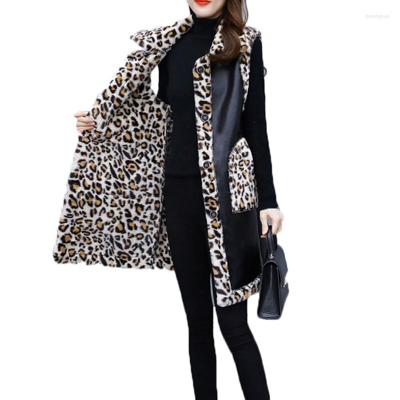 

Women's Fur 2023 Vest PU Leather Leopard Female Long Coats Spring Autumn Trendy Faux Patchwork Lady Outerwear M132, Beige