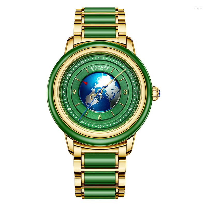 

Wristwatches Jade Watch Men Automatic Machine Sapphire Mirror Earth Chart Board Business Male Wristwatch Top Unique Gift Couple Women Clock, Jade watch men-c
