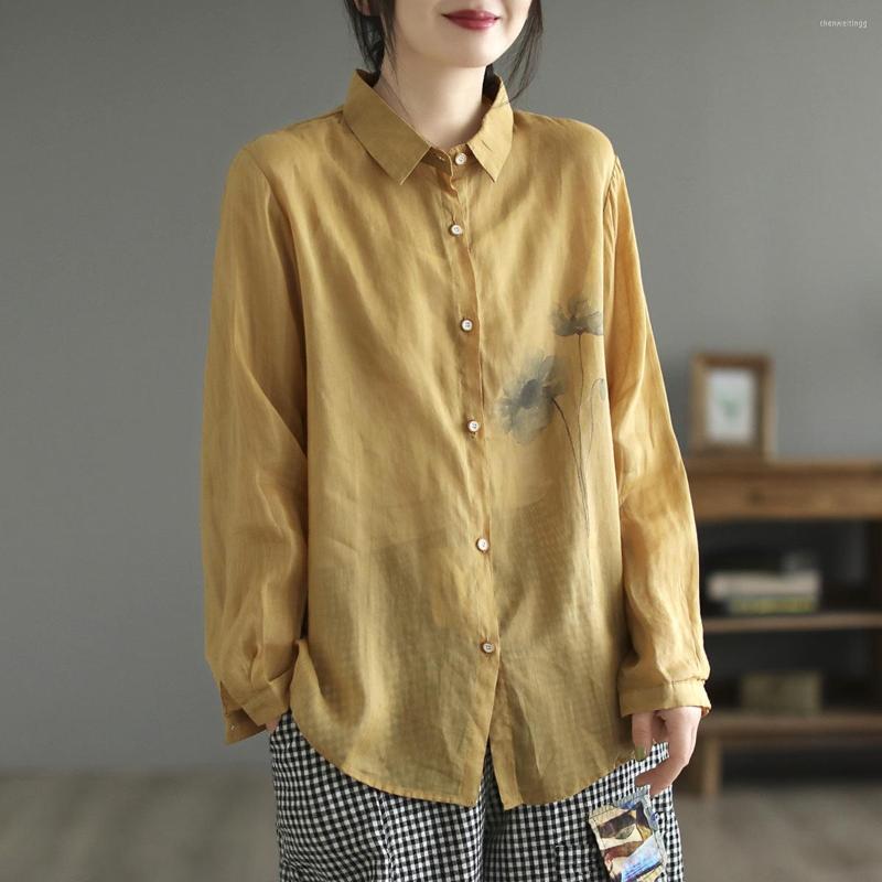 

Women's Blouses 23 Women Linen Shirts Spring Mori Girl Style Painted Loose Turn-Down Collar Single-Breasted Female Tide Tops Wild, White