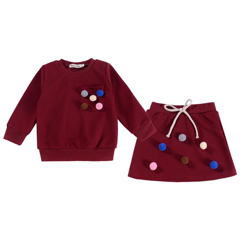 

Clothing Sets Fashion Baby Kids Girls Clothes 2PCS Long-Sleeved Solid With Balls Sweatshirts Tops Mini Skirts, Tnsc3001