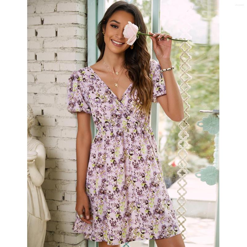 

Party Dresses Spring Summer Autumn Womens Casual Fashion Women Floral Printed Dress V Neck Sexy Short Sleeved Ladies, Purple