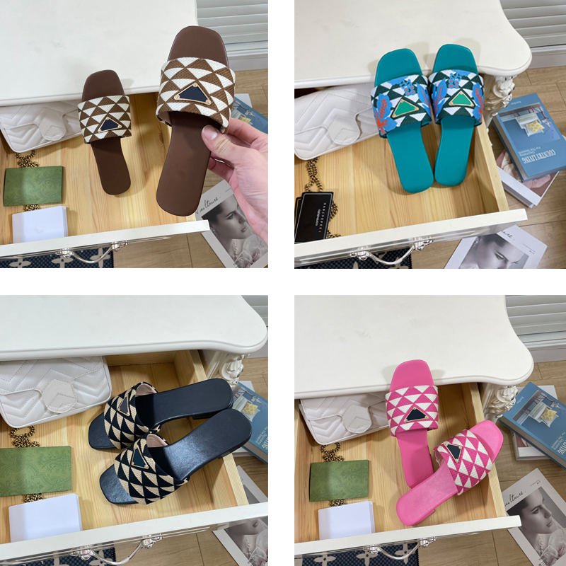 

Woman Embroidered Fabric Slides Slippers Black Beige Multicolor Embroidery Mules Womens Home Flip Flops Sandals Leather Flat Slide Rubber Sole EUR 35-42