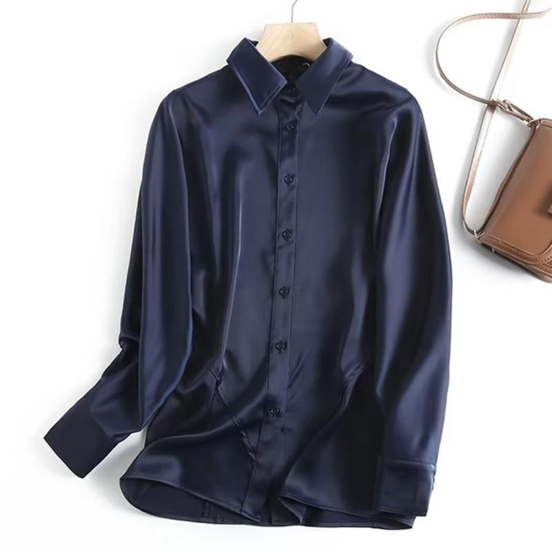 

Women' Blouses Withered Satin Simple Blouse Women Fashion Spring Long Sleeve Shirts, Navy blue