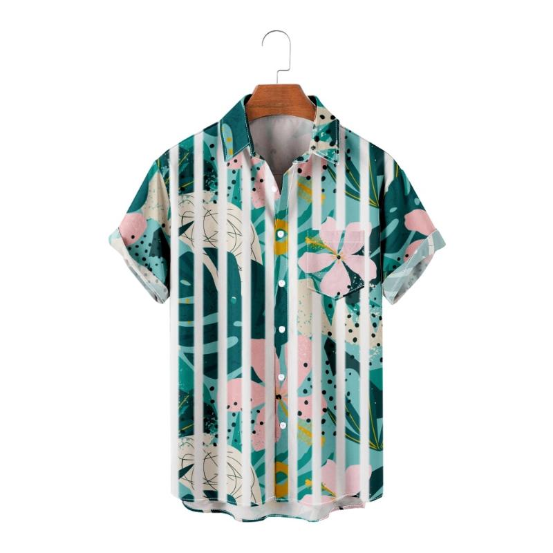 

Men's Casual Shirts Tropical Rain Forest Splicing Print Loose Pocket Thin Shirt Beach Couple Hawaiian Style Short-sleeved All-match Shirt-Me