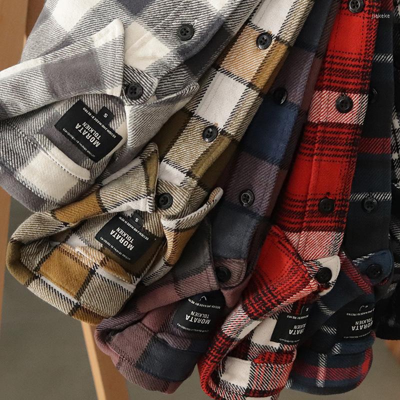 

Men's Casual Shirts Autumn Winter American Retro Heavyweight Flannel Plaid Shirt Men's Pure Cotton Washed Thickened Cargo Blouses Coat, Picture 5