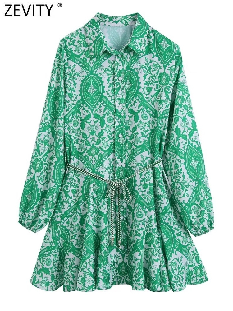 

Casual Dresses ZEVITY Women Fashion Paisley Floral Print Belt Mini Shirt Dress Female Chic Casual Big Swing Hem Pleat Green Vestidos DS9353 230413, Bb ds9353