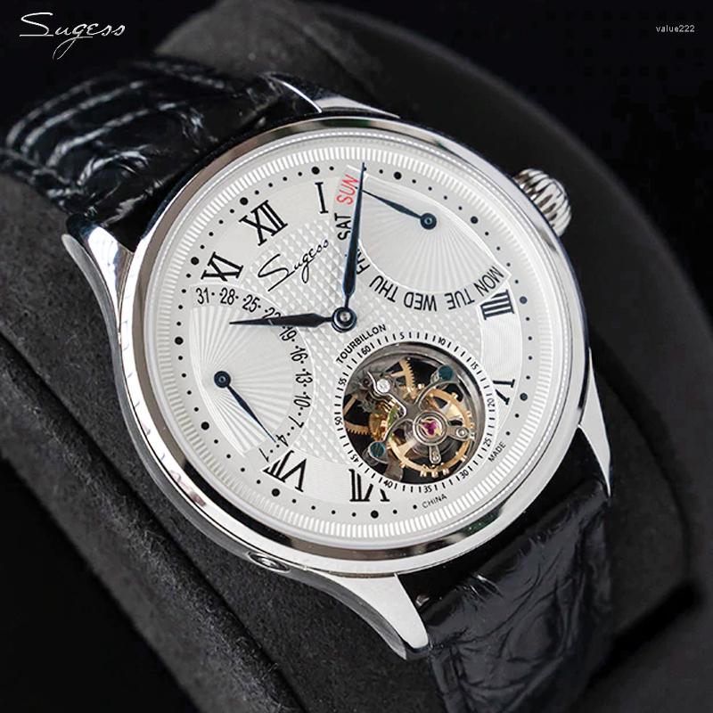 

Wristwatches Sugess Tourbillon Men's Wrist Watches Mechanical Hand Wind Watch Seagull 8004 Movement Date Skeleton Functions Crocodile, Silver