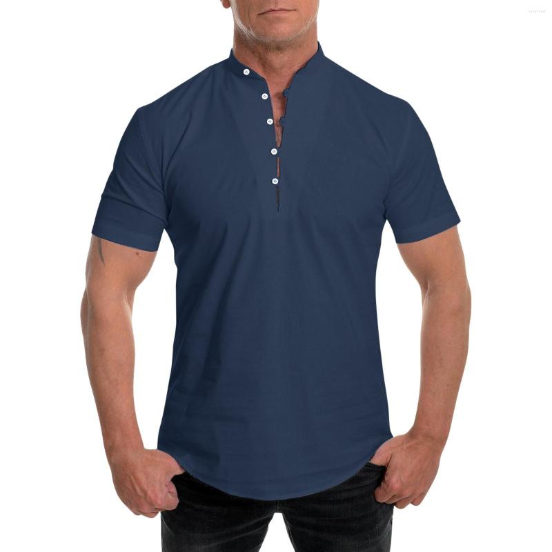 

Men's Casual Shirts Men Summer Solid Stand Collar Short Sleeve Loose Shirt Top, Beige