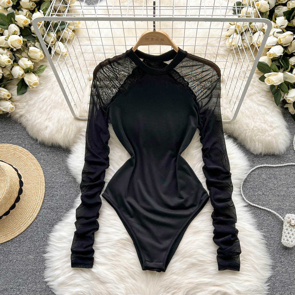 

Nxy Mesh Slim Elastic Jumpsuits Women Fashion Summer O Neck Long Sleeves Sexy Transparent Party Club Rompers 230328, Sky blue