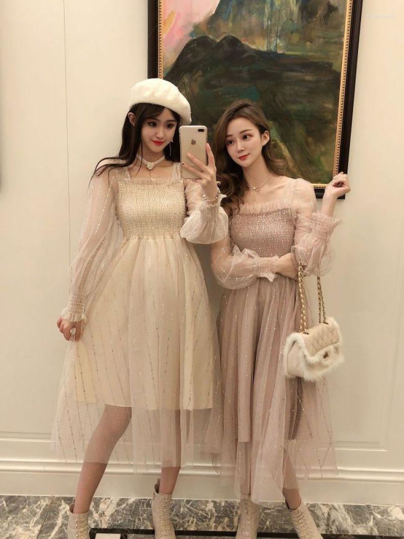 

Casual Dresses 2023 Spring / Summer Women's Sequin Vertical Stripes Long-sleeved Gauze Skirt Mid-length Pleated Dress, Pink