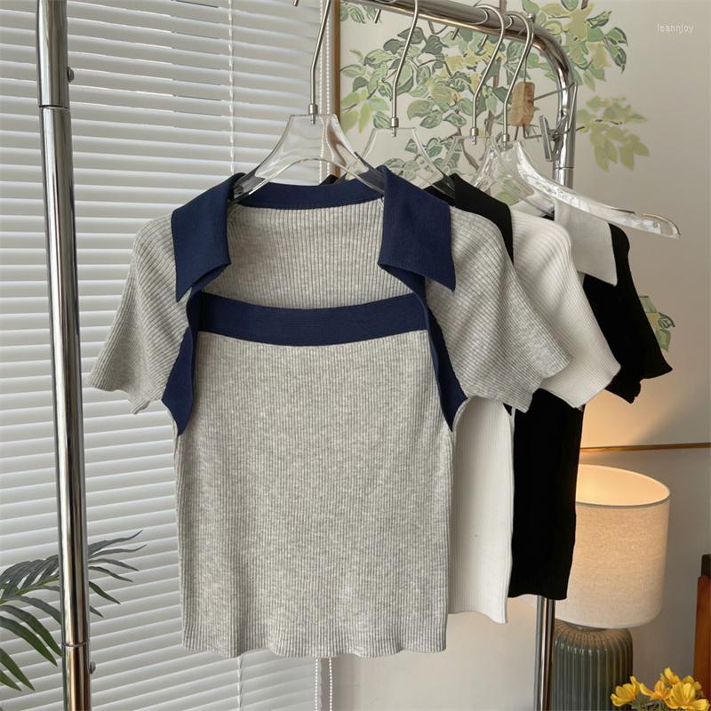 

Women's T Shirts Short Sleeve T-shirts Women Patchwork Slim Elegant Sweaters Spring Femme Square Collar Knitting Retro Crop Tops, Beige