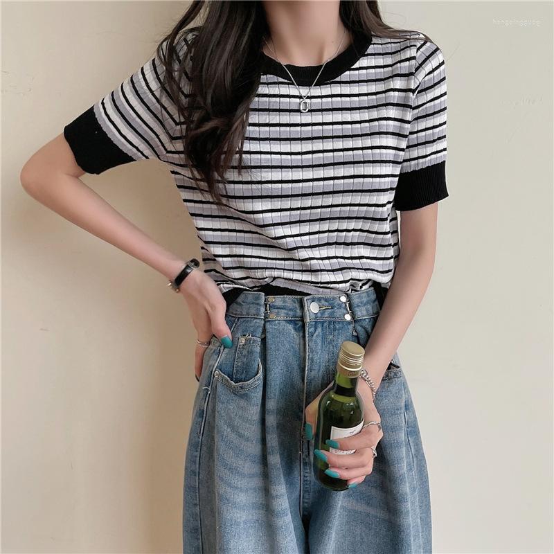

Women's T Shirts Women's Summer Slim Fit High Waist Short Ice Silk Rainbow Stripe Top Knitted T-Shirt Thin, Black