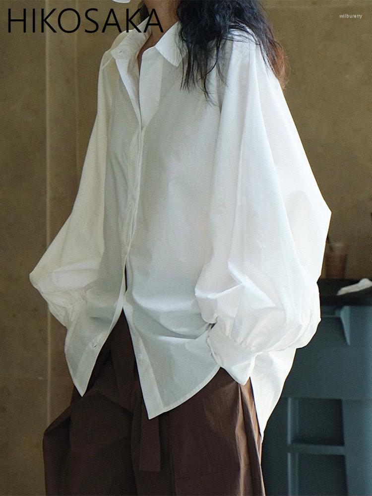 

Women's Blouses Casual Simple Solid Lantern Sleeve Lapel Shirts Loose Single Breasted Fashion Korean Vintage Blouse Spring Blusas Mujer, White