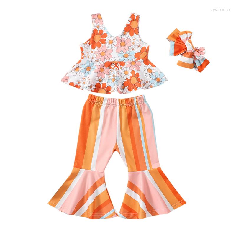 

Clothing Sets Girls Summer Clothes Set Children Floral Sleeveless Tank Tops And Stretch Casual Rainbow Striped Flared Pants Headband, Picture shown