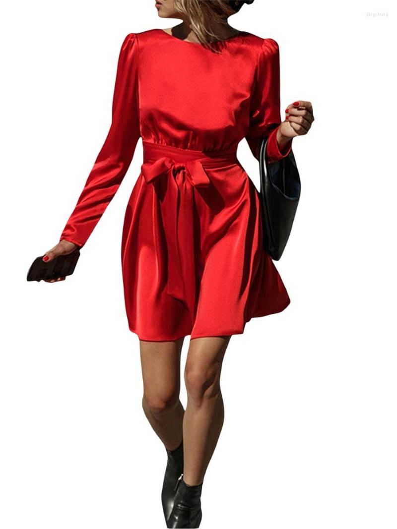 

Casual Dresses Women Elegant Mini Dress Long Sleeve Crew Neck Backless Chained Waist Tie Solid Color Fall Short With Belt, Red