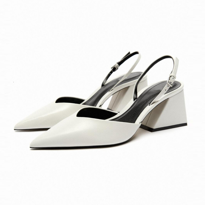 

Sandals ZA White Chunky Heel Slingback Sandals Casual Pointed Shallow Mouth High Heel Shoes Elegant Temperament Office High Shoes Women 230413