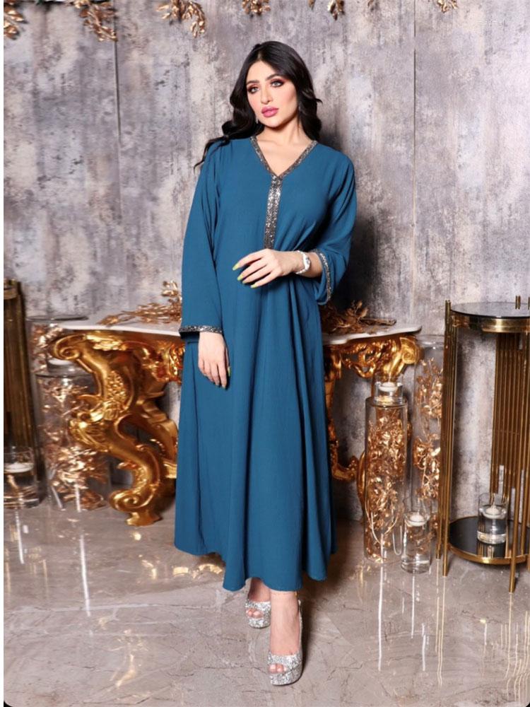 

Ethnic Clothing Diamond Jalabiya Arabic Long Dress Women V Neck Vintage Elegant Muslim Dubai Saudi Islamic Robe Ramadan Gandoura Kaftan