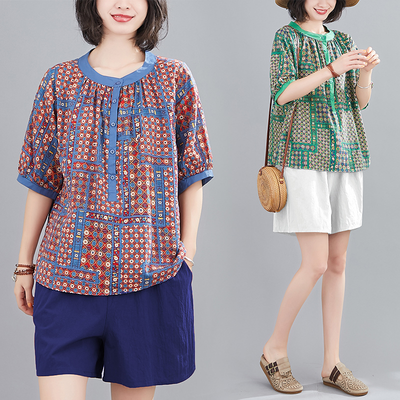 

Women's T Shirts Arrival Summer Arts Style Women Loose Casual Short Sleeve O-neck Shirt Polka Dot Print Button Cotton Linen W364Women's, Red