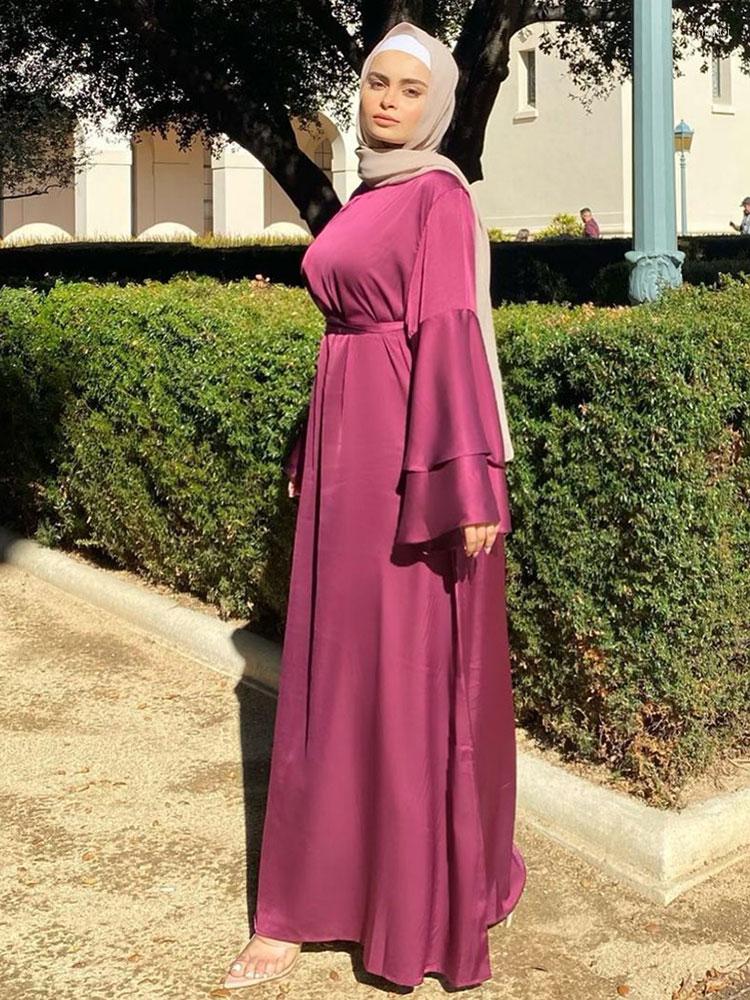 

Ethnic Clothing Soft Satin Long Dress Dubai Abaya Women Summer Flare Sleeve Belted Hijab Robe Muslim Islam Arab Turkey Clothes Ramadan