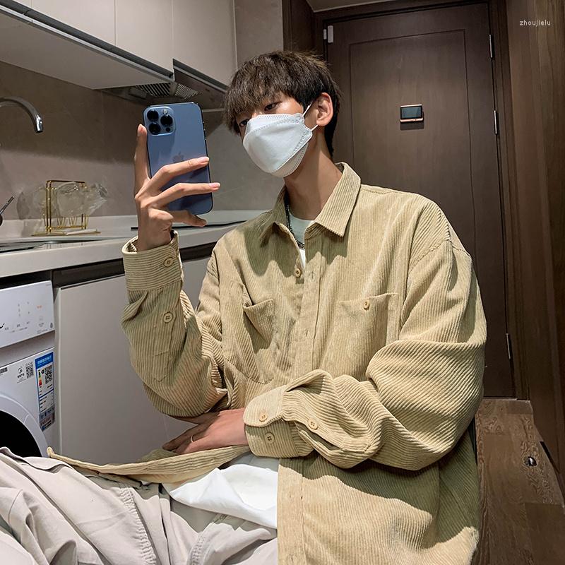 

Men's Casual Shirts Spring 5 Color Corduroy Shirt Men Fashion Retro Pocket Mens Streetwear Korean Loose Long Sleeve -3XL, Black