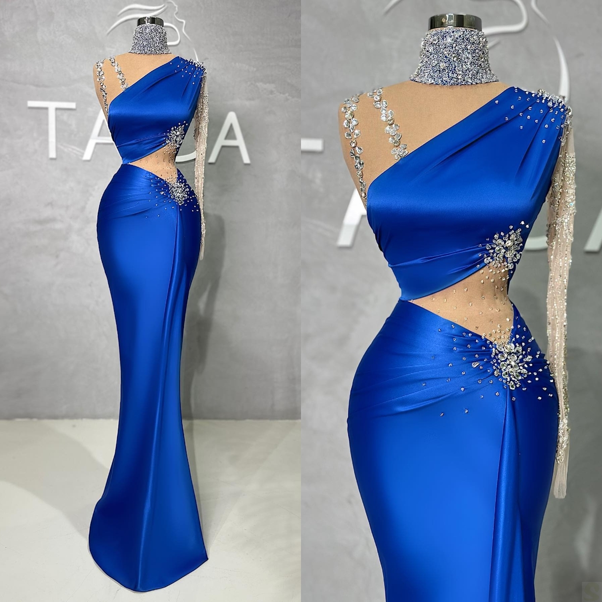 

Gorgeous Mermaid Prom Dresses High Neck One Sleeve Beads Cutaway Sides Applicants Satin Ruffle Backless Custom Made Party Dress Plus Size Vestido De Noite, Light yellow