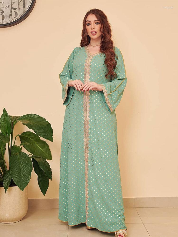 

Ethnic Clothing Gold Print Jalabiya Long Dress Women Crepe Fabric Lace Sequin Moroccan Caftan Muslim Modest Abaya Arab Dubai Kaftan