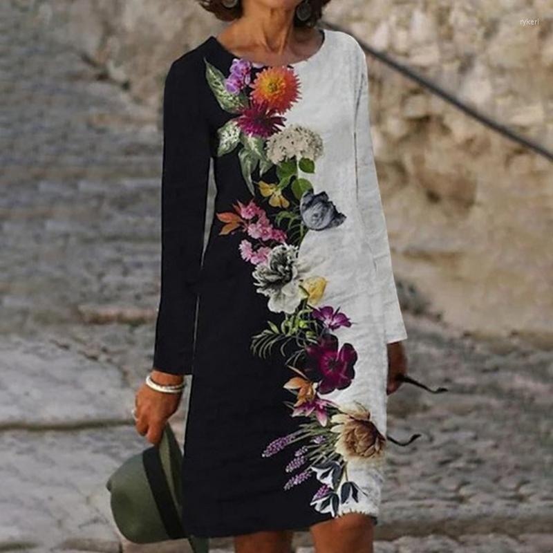 

Casual Dresses Women's Autumn Winter Dress Fashion Clothing Long Sleeve Floral Printing Pullover O-Neck Party Female, Black
