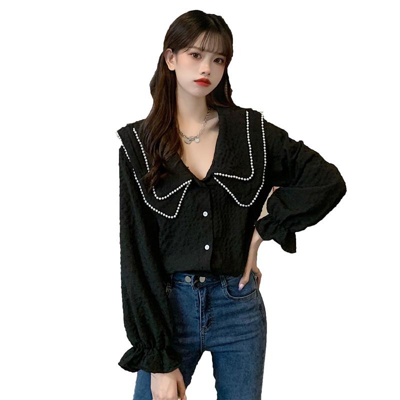 

Women's Blouses & Shirts Fashion Plus Size Korean Style Long-sleeved Loose Black Top 2023 Spring Summer Slim Female Blouse 173C