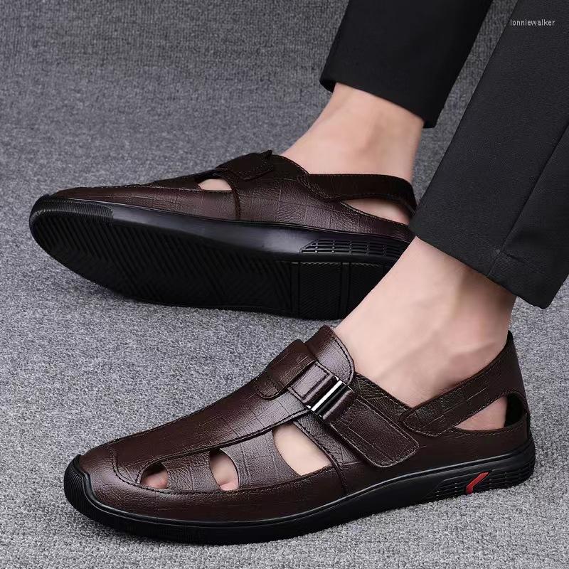 

Sandals Outdoor Sports For Men 2023 Fashion Flats Leather Man Summer Casual Mens Shoes Solid Color Light Shoe Sandalias, Black