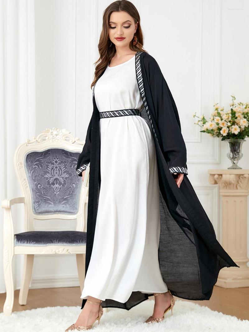 

Ethnic Clothing Autumn 2-piece Kaftan Muslim Sets Women Batwing Embroidered Patchwork Open Abaya Inner Slip Long Dress Dubai Arab Dresses