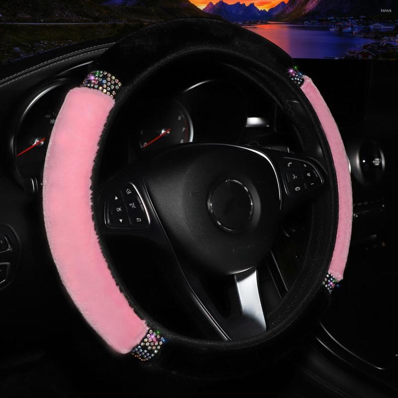 

Steering Wheel Covers Universal 37-38cm Diameter Soft Plush Rhinestone Car Cover Interior Accessories Black Pink