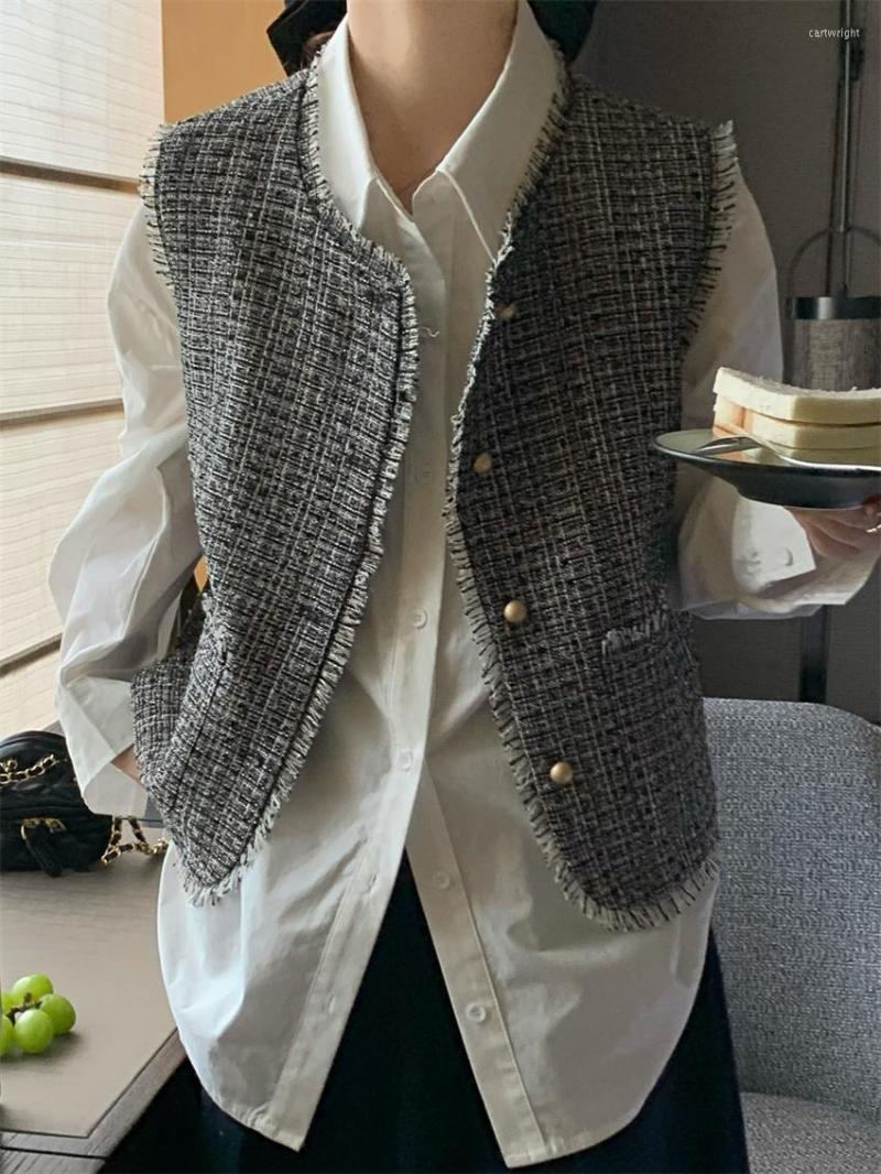 

Women's Vests Spring Chic Tweed Women Vest Coats Elegant Work Wear 2023 Minimalist OL Cardigans Office Lady High Street Slim-Fit, Black
