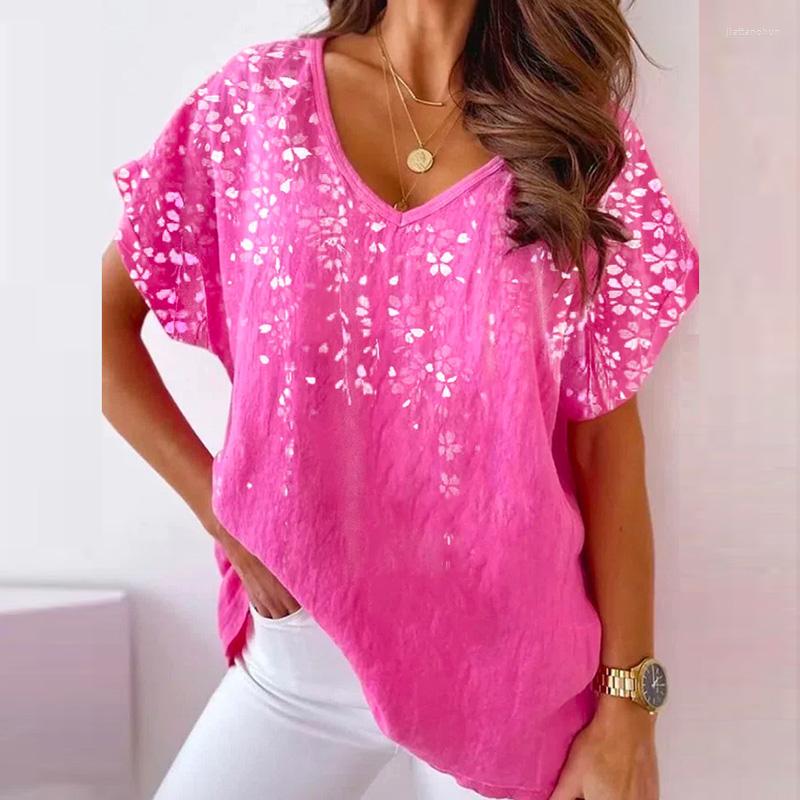 

Women' Blouses Summer Casual Loose V-neck Short Sleeve Shirt Fashion Office Lady High Street Bohemian Women Clothing Print Top Pullover, 01 pink