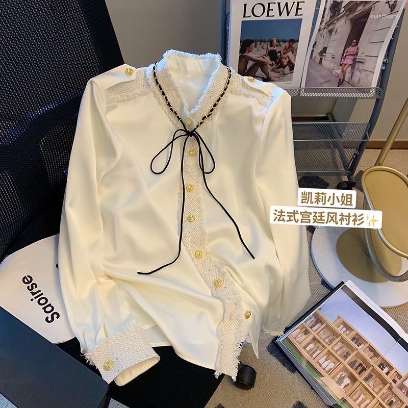 

Women's Blouses French Court Retro Style Lace Patchwork Women Tie Up Luxury Gold Button Shirt Female Soft Clothes Loose Chic Vintage Top, Picture