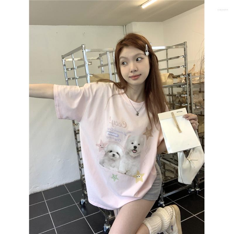 

Women's T Shirts Korean Style Star Dog Printed Short-sleeved T-shirt Women's Summer O-neck Pink Loose Casual Top Fashion Female Clothes, White