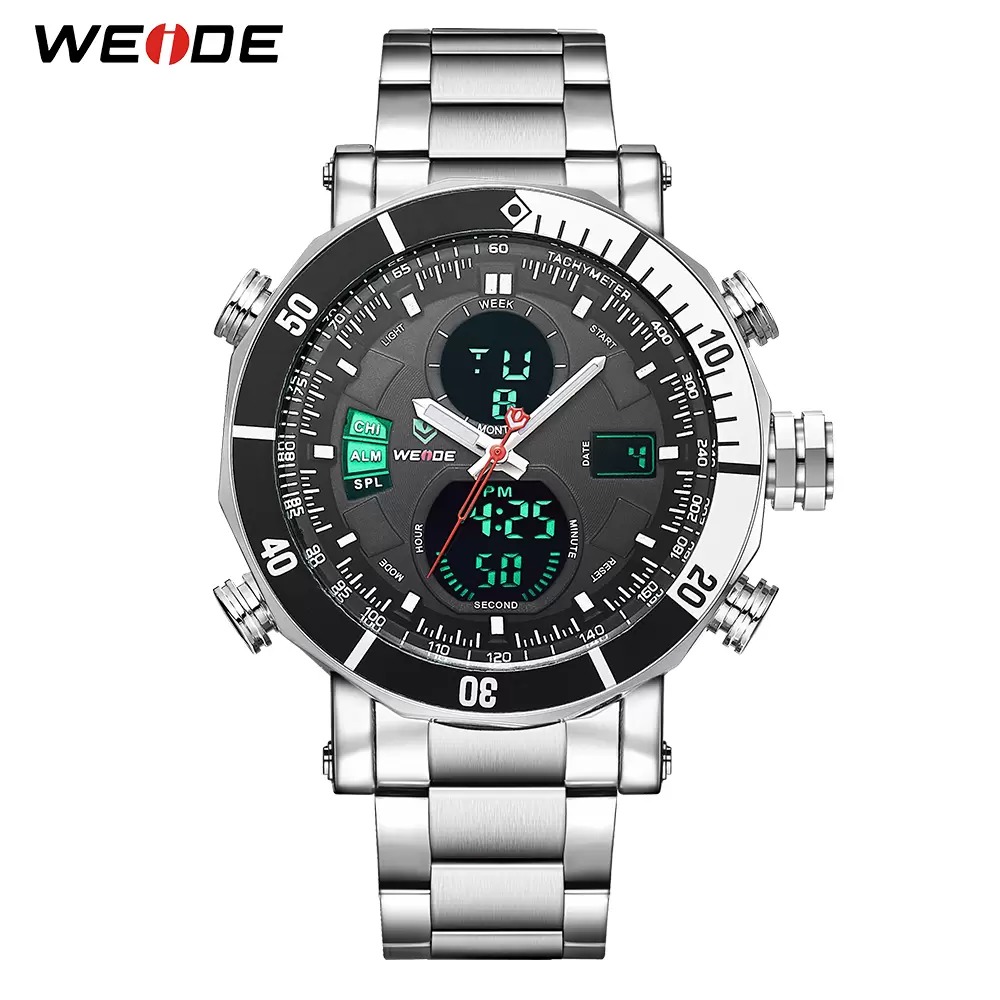 

2023 WEIDE Watches Mens Quartz Digital Sports Auto Date Back Light Alarm Repeater Multiple Time Zones Stainless Steel Band Clock Wrist Watch, Color-3