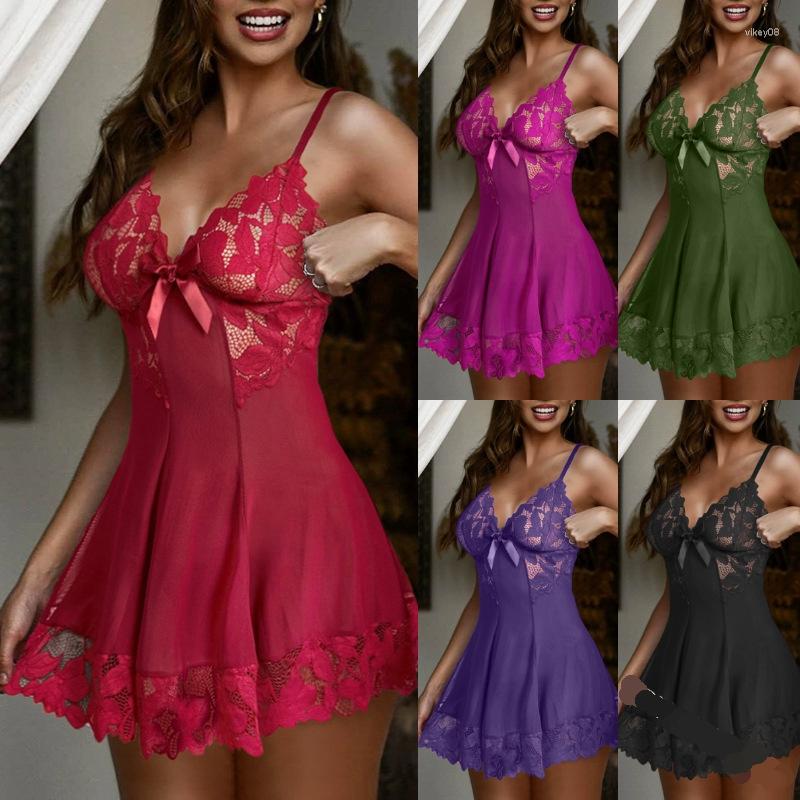 

Women's Sleepwear Sexy Transparent Lingerie Nightdress Women Nightgown Lace Straps With Thong Sets Summer Nightwear Babydoll Underwear, Red