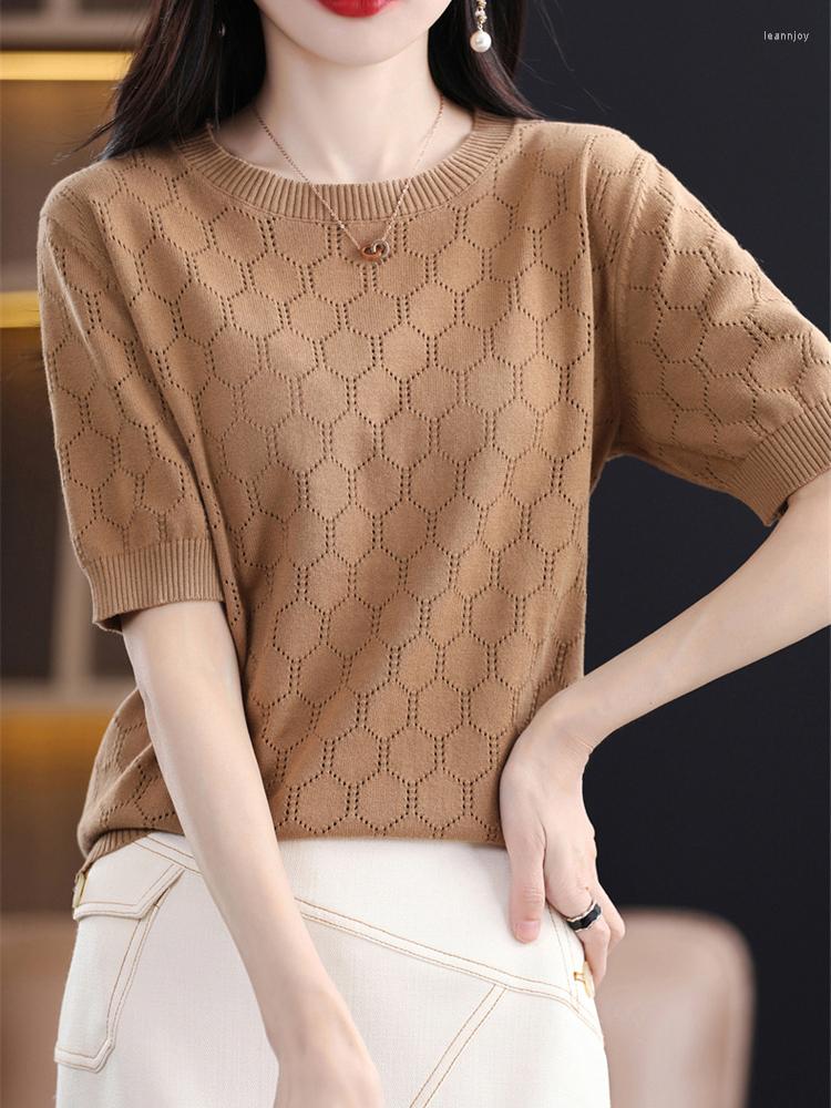 

Women's T Shirts Hollow Out Tee Shirt Femme Loose Knitted Women Tshirts Short Sleeve Tops Korean Style Clothes Camiseta Mujer 2023 Summer, Beige